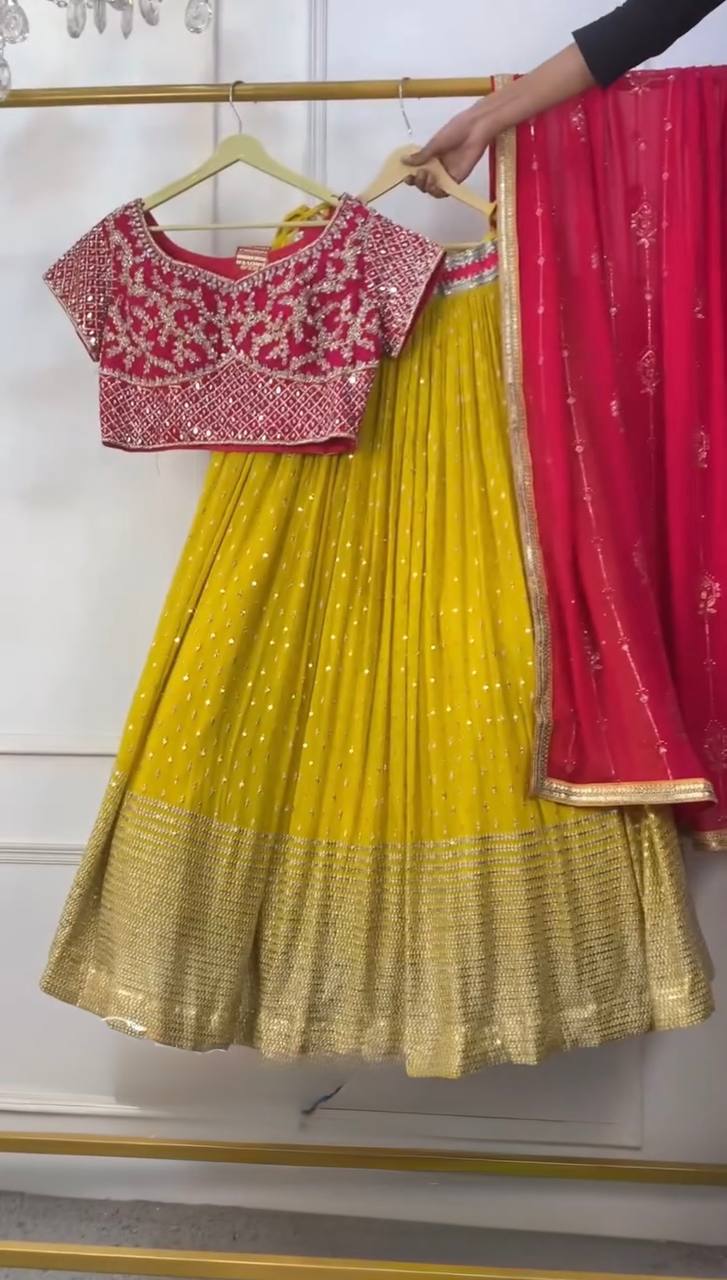 Vibrant Sunshine Yellow and Fuchsia Pink Designer Lehenga Choli with Dazzling Shimmer Embellishments